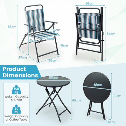 Three-piece folding patio bistro set with two breathable fabric chairs and a round tempered glass table