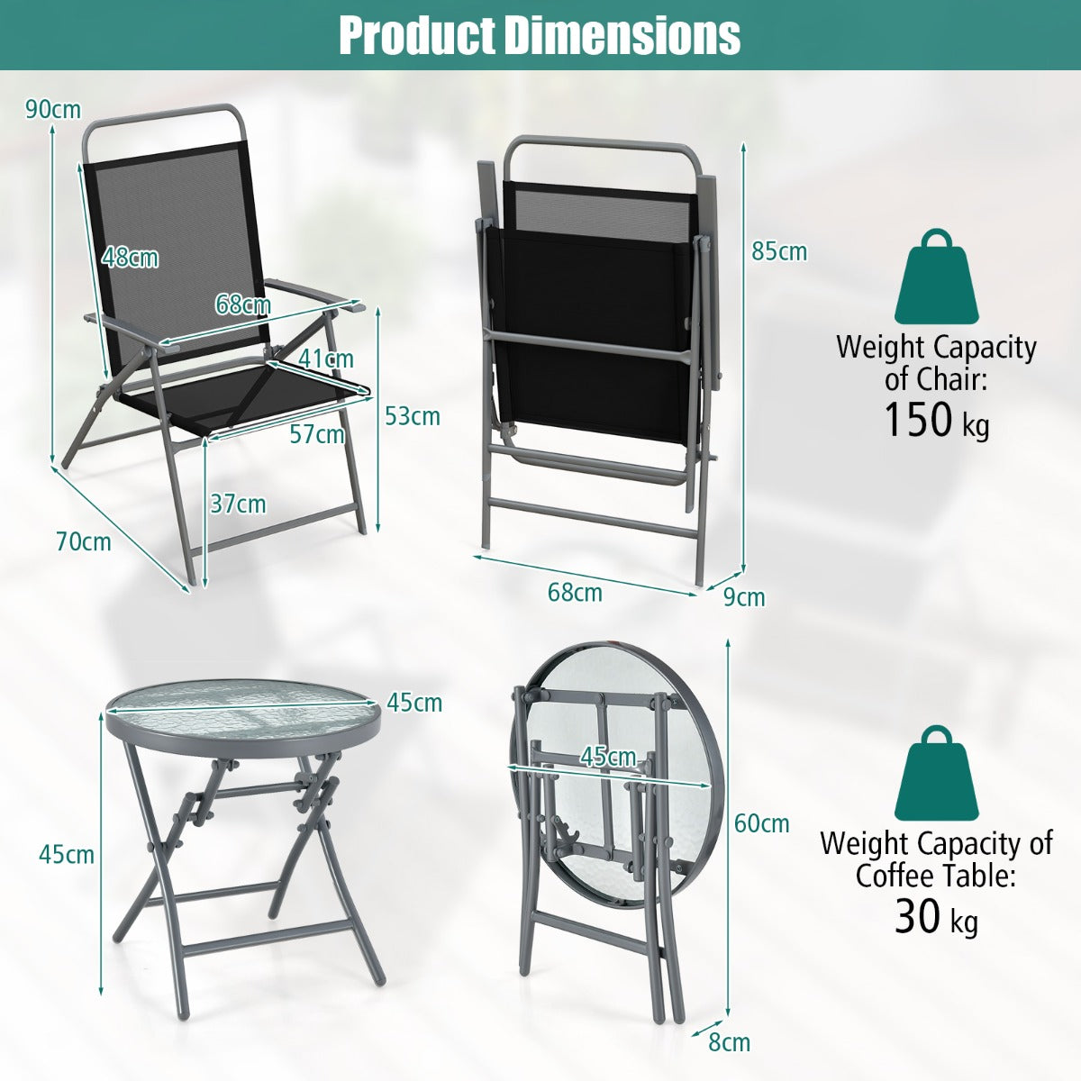 Three-piece patio conversation set with two folding metal chairs and a ripple glass coffee table