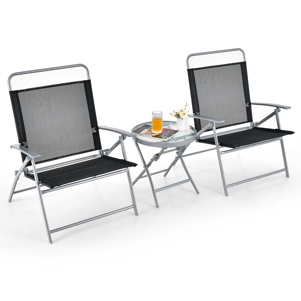 Black outdoor folding chairs feature breathable fabric, high backs, and comfortable armrests