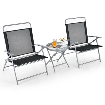 Black outdoor folding chairs feature breathable fabric, high backs, and comfortable armrests