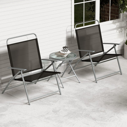 Folding patio chairs and coffee table store easily under beds or in corners when not in use