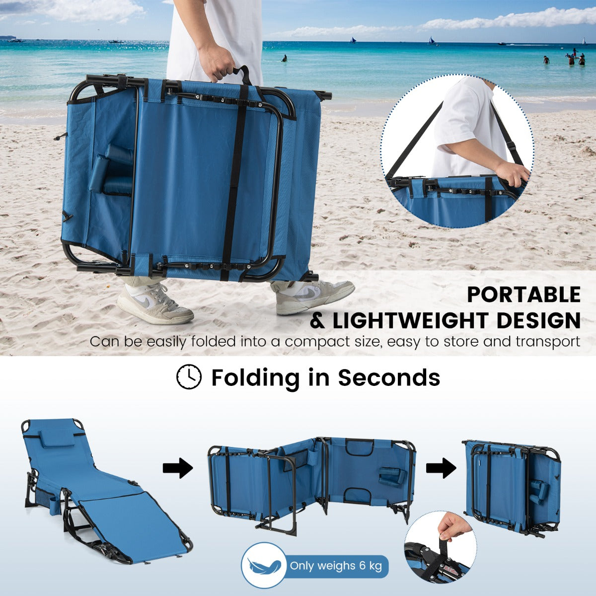 Foldable Beach Lounge Chair with 5-Position Adjustable Backrest-Blue