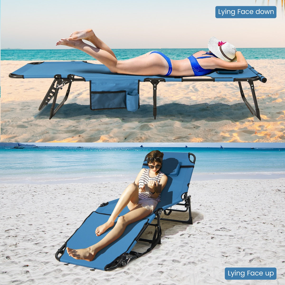 Foldable Beach Lounge Chair with 5-Position Adjustable Backrest-Blue