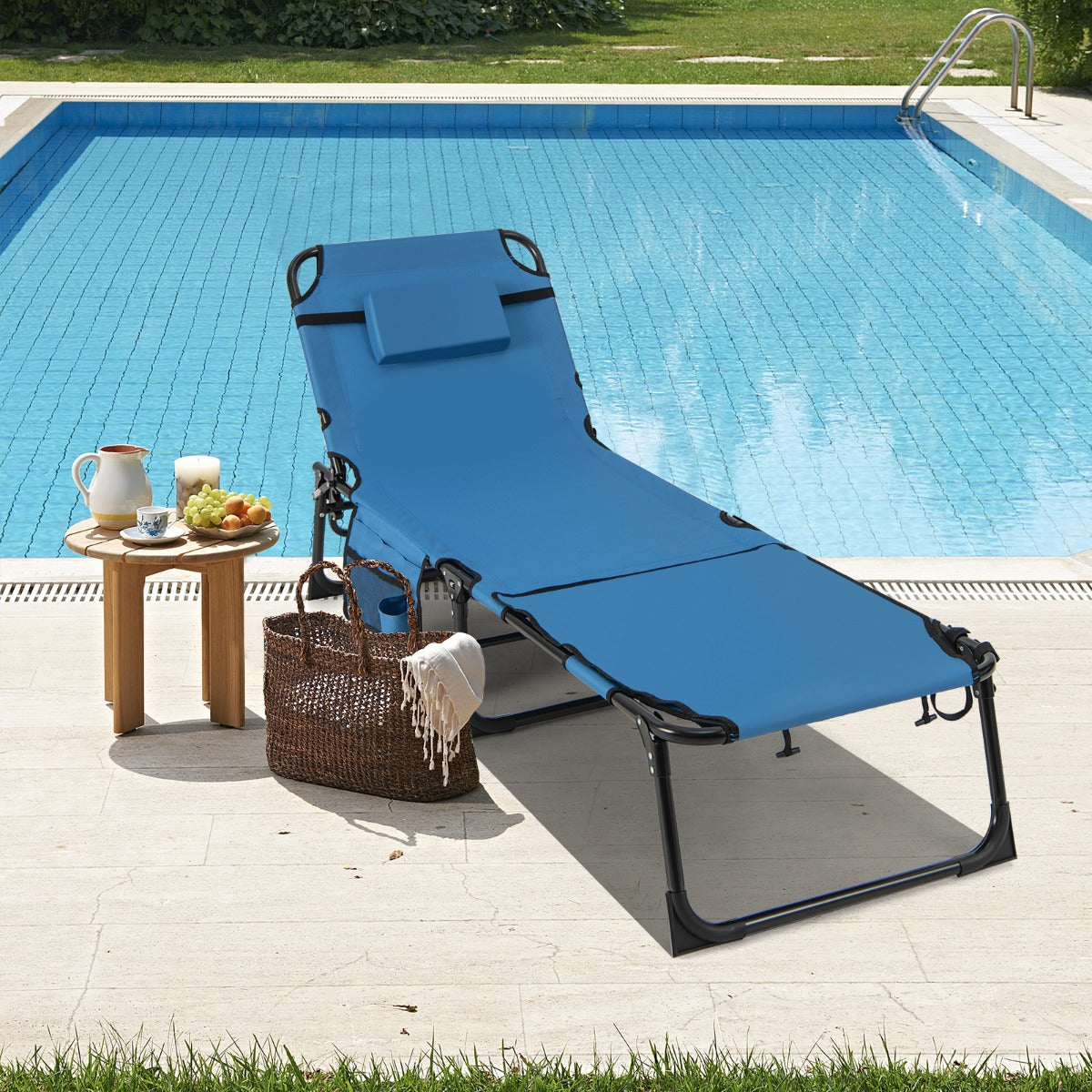 Foldable Beach Lounge Chair with 5-Position Adjustable Backrest-Blue
