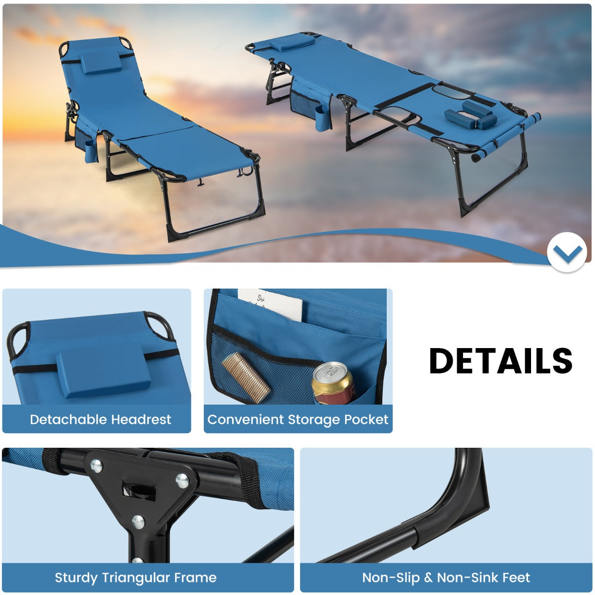 Foldable Beach Lounge Chair with 5-Position Adjustable Backrest-Blue
