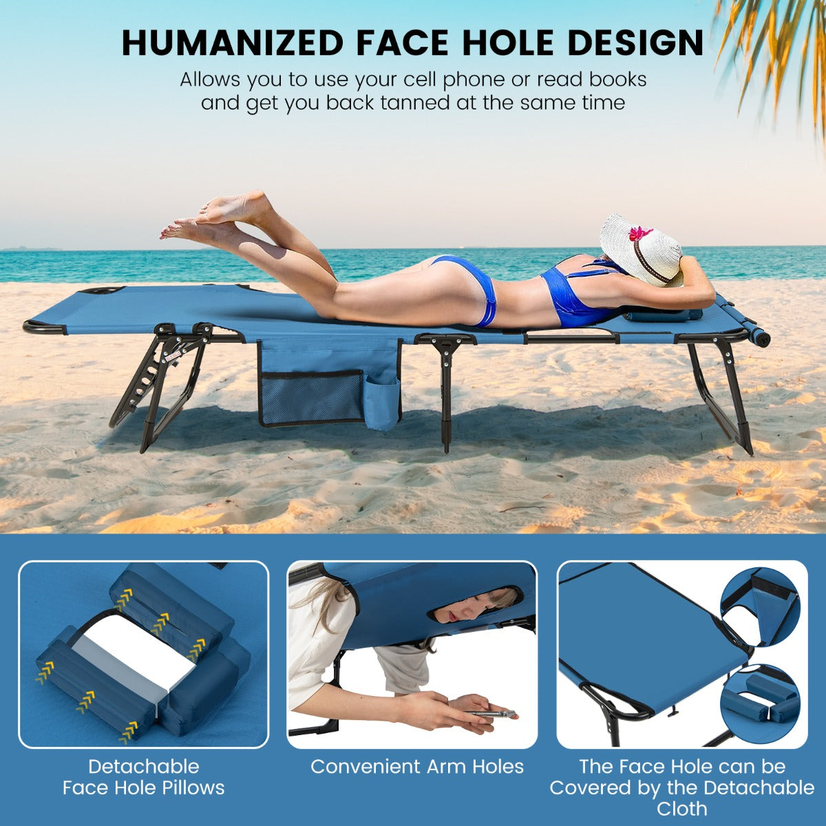 Foldable Beach Lounge Chair with 5-Position Adjustable Backrest-Blue