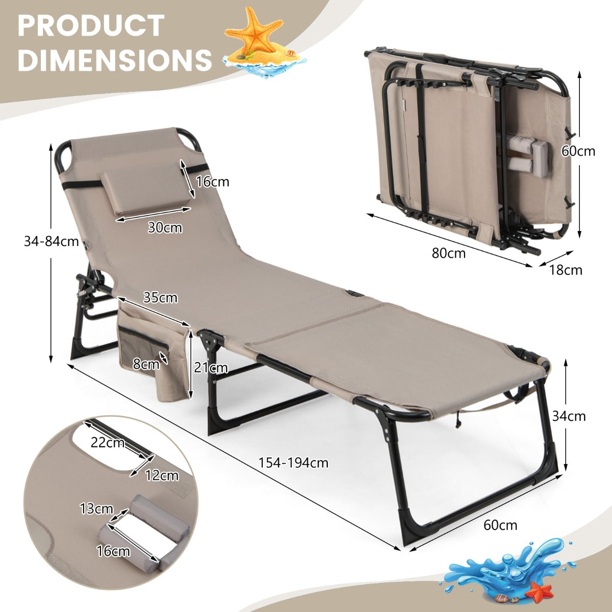 Foldable Beach Lounge Chair with 5-Position Adjustable Backrest-Beige