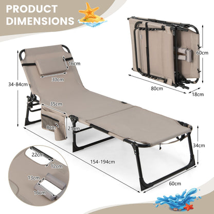 Foldable Beach Lounge Chair with 5-Position Adjustable Backrest-Beige