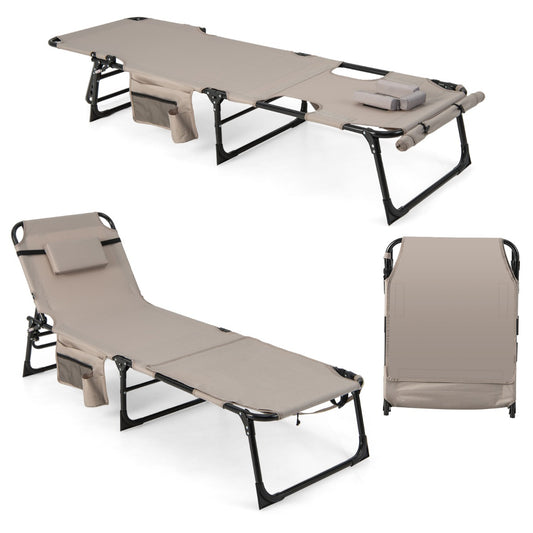 Foldable Beach Lounge Chair with 5-Position Adjustable Backrest-Beige
