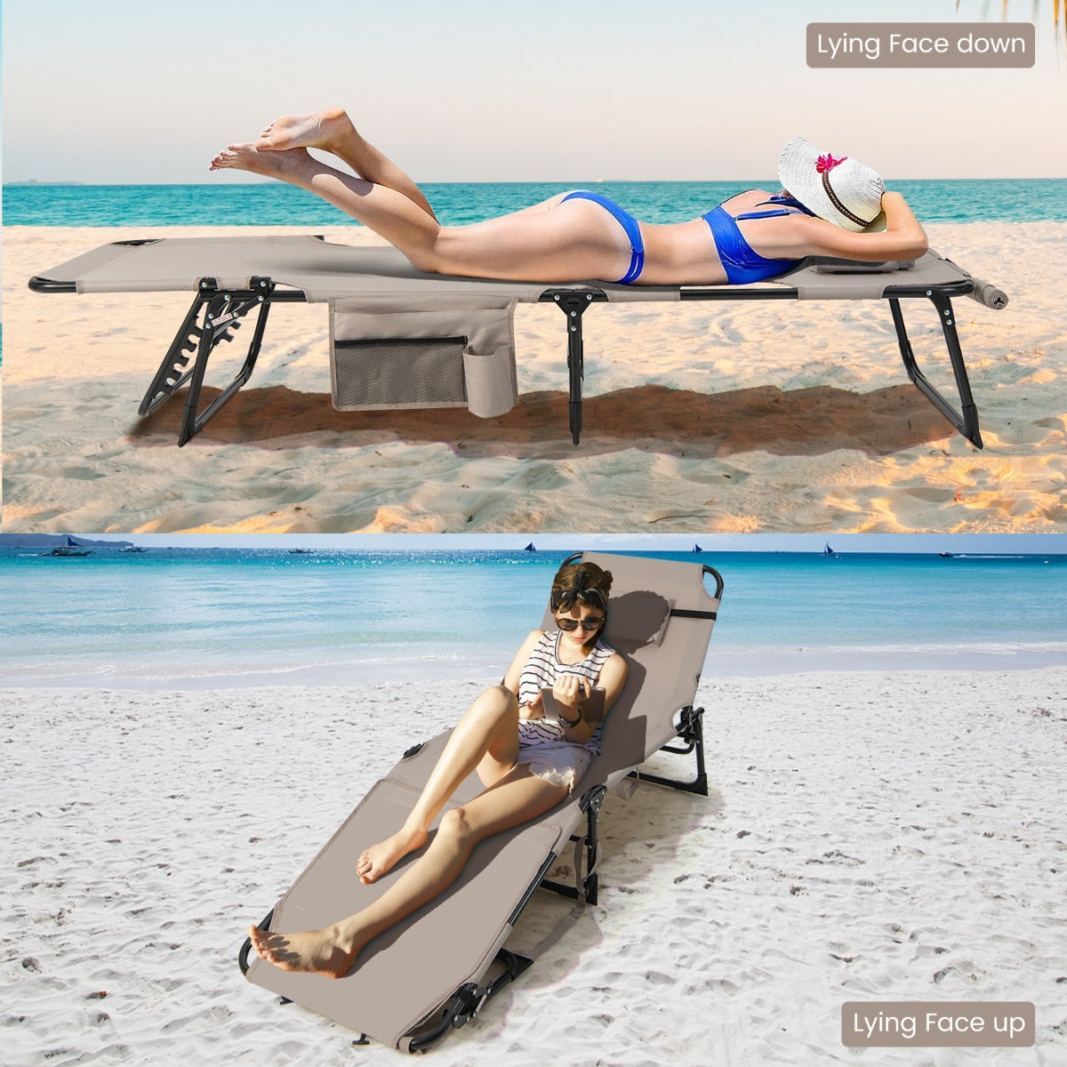 Foldable Beach Lounge Chair with 5-Position Adjustable Backrest-Beige