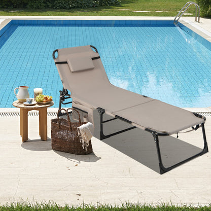 Foldable Beach Lounge Chair with 5-Position Adjustable Backrest-Beige