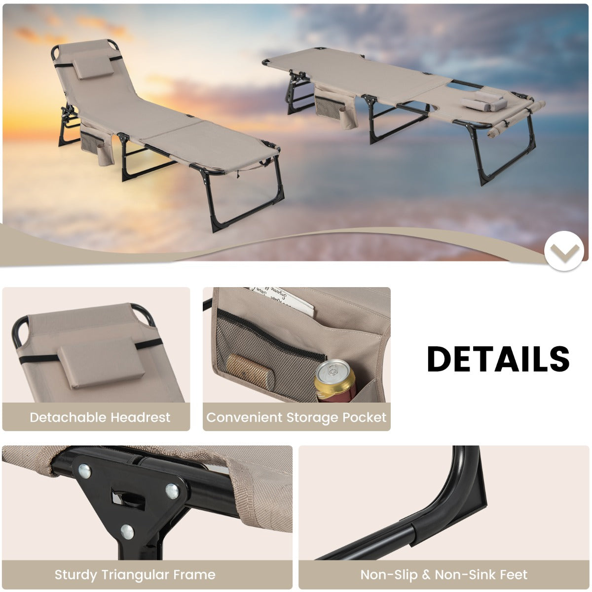 Foldable Beach Lounge Chair with 5-Position Adjustable Backrest-Beige