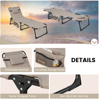 Foldable Beach Lounge Chair with 5-Position Adjustable Backrest-Beige