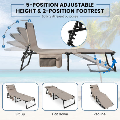 Foldable Beach Lounge Chair with 5-Position Adjustable Backrest-Beige