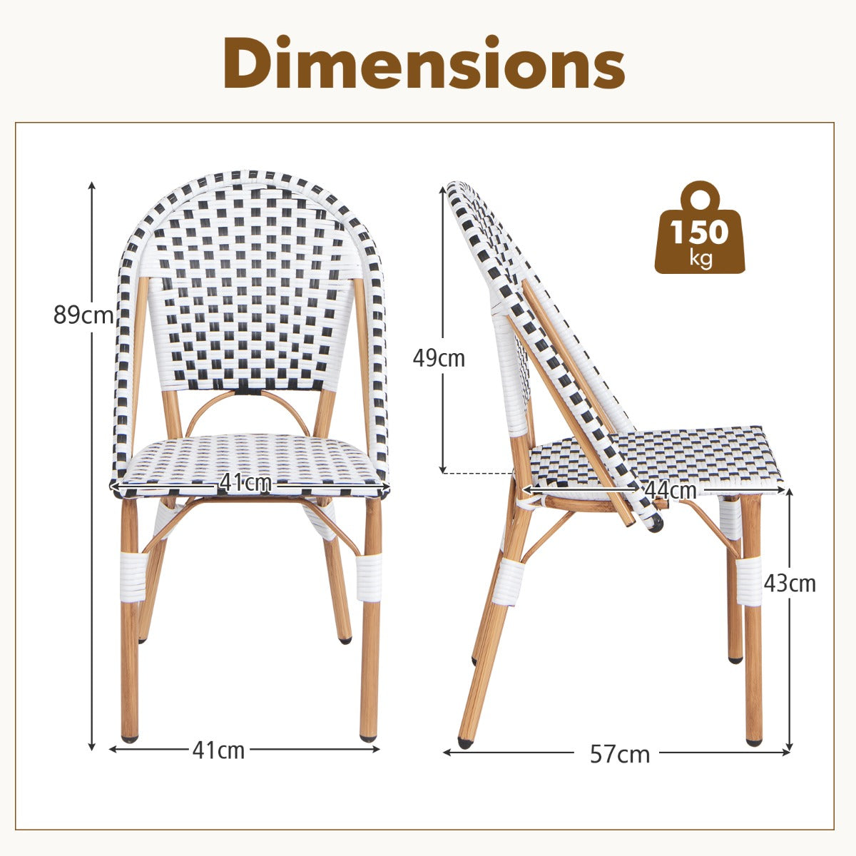 Hand-woven PE rattan bistro chairs with galvanized metal frames and elegant French-inspired outdoor styling