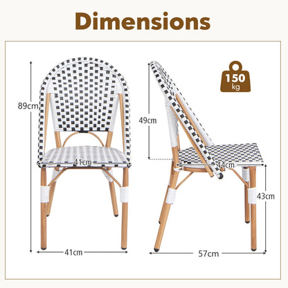 Hand-woven PE rattan bistro chairs with galvanized metal frames and elegant French-inspired outdoor styling