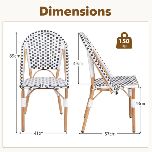 Hand-woven PE rattan bistro chairs with galvanized metal frames and elegant French-inspired outdoor styling