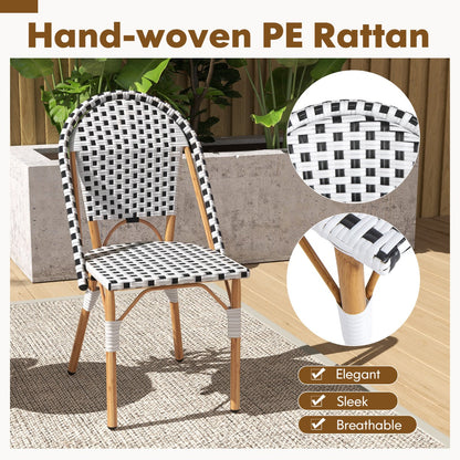 French bistro-style outdoor chairs featuring ergonomic backrests and comfortable PE rattan seats