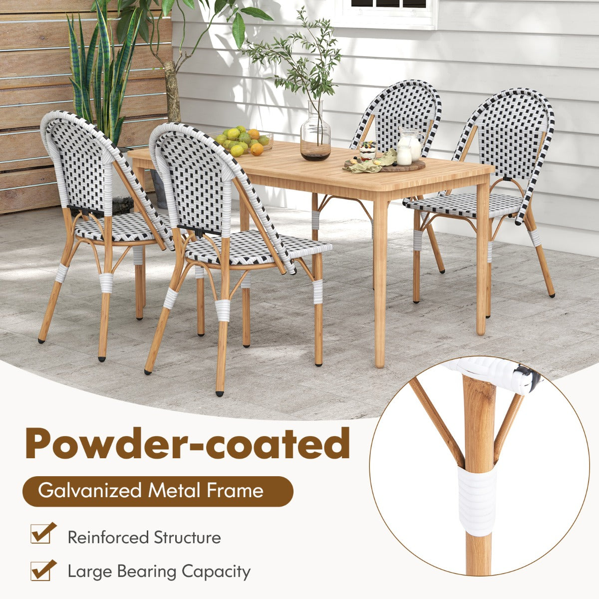 Low-maintenance bistro chairs with treated rattan and a durable weather-resistant metal structure