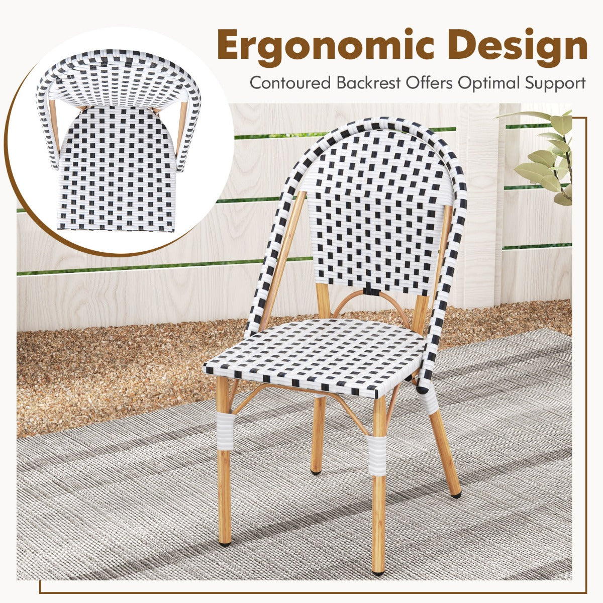 Two comfortable rattan dining chairs with 150 kg weight capacity for patios and cafes