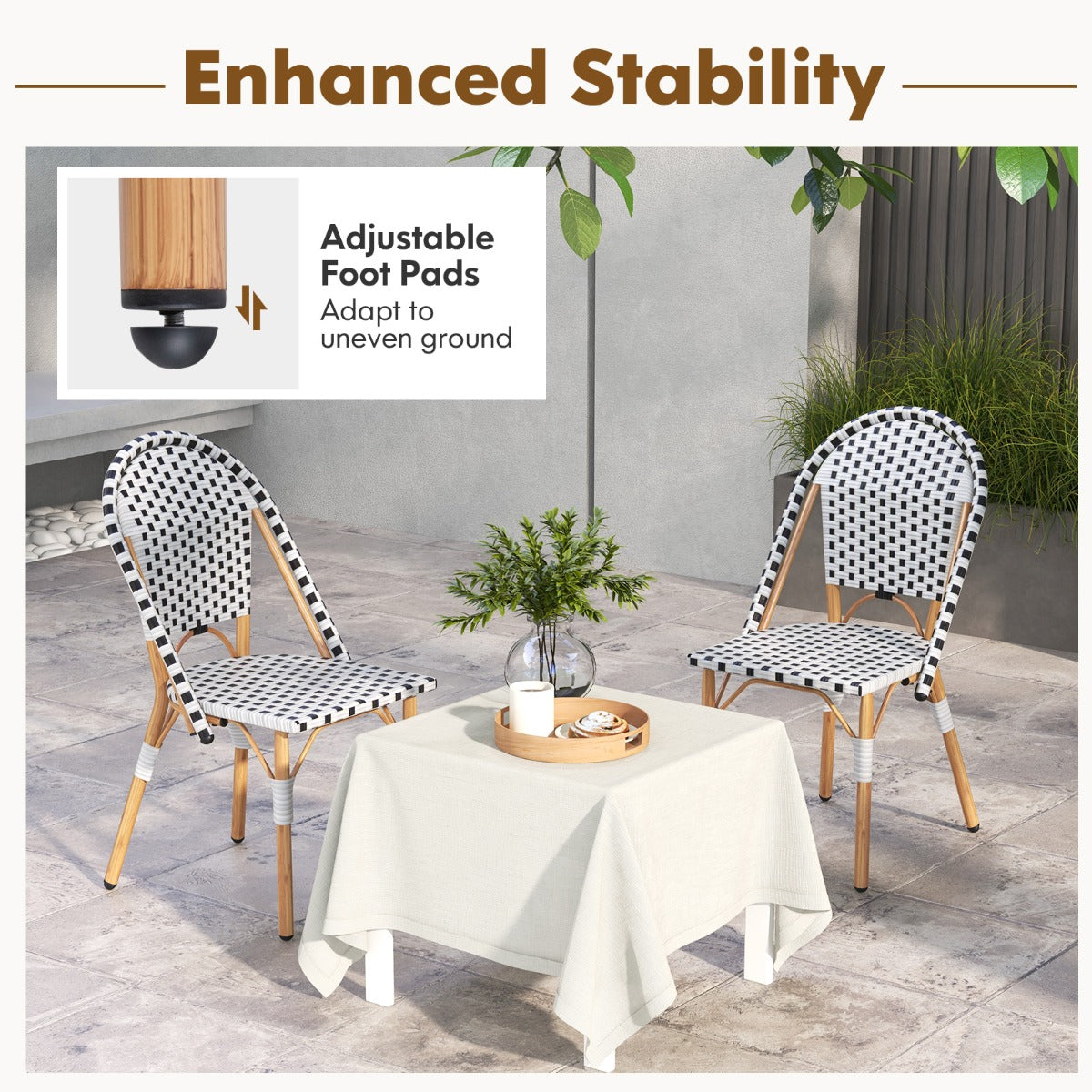 Portable hand-woven patio chairs with compact dimensions for flexible placement and easy rearrangement
