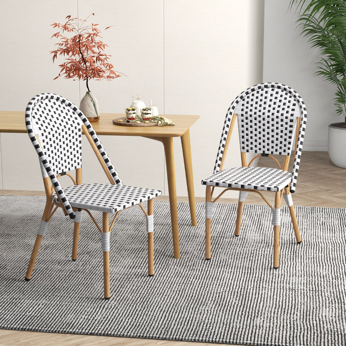 Lightweight outdoor dining chairs with a stable galvanized metal frame and rustic wood grain finish