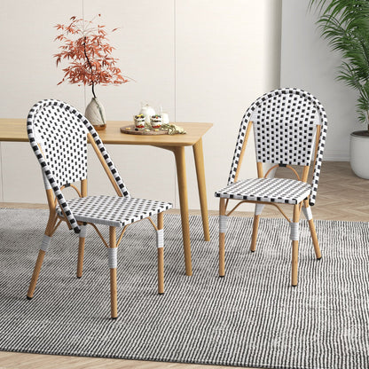Lightweight outdoor dining chairs with a stable galvanized metal frame and rustic wood grain finish