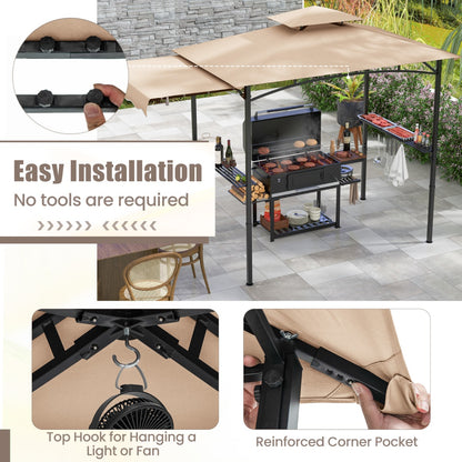Grill Gazebo with Side Awning Outdoor BBQ Gazebo with 2 Side Shelves-Beige