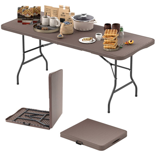 Costway Outdoor Portable Folding Table with HDPE Rattan-Like Tabletop and Safe Lock Mechanism-Coffee