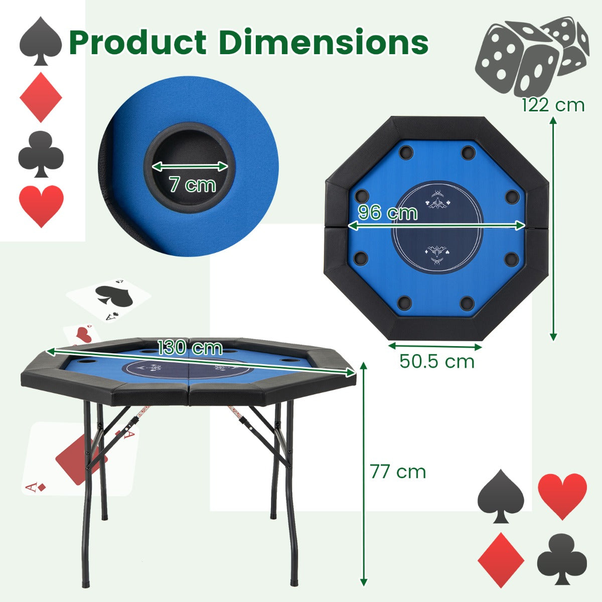 122cm Foldable Poker Table for 8 Players with Padded Rails-Blue