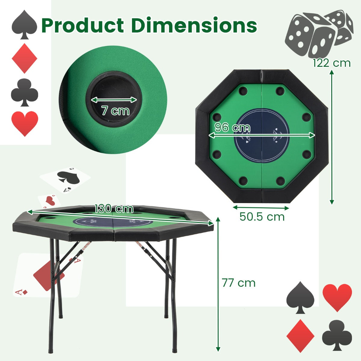 122cm Foldable Poker Table for 8 Players with Padded Rails-Green