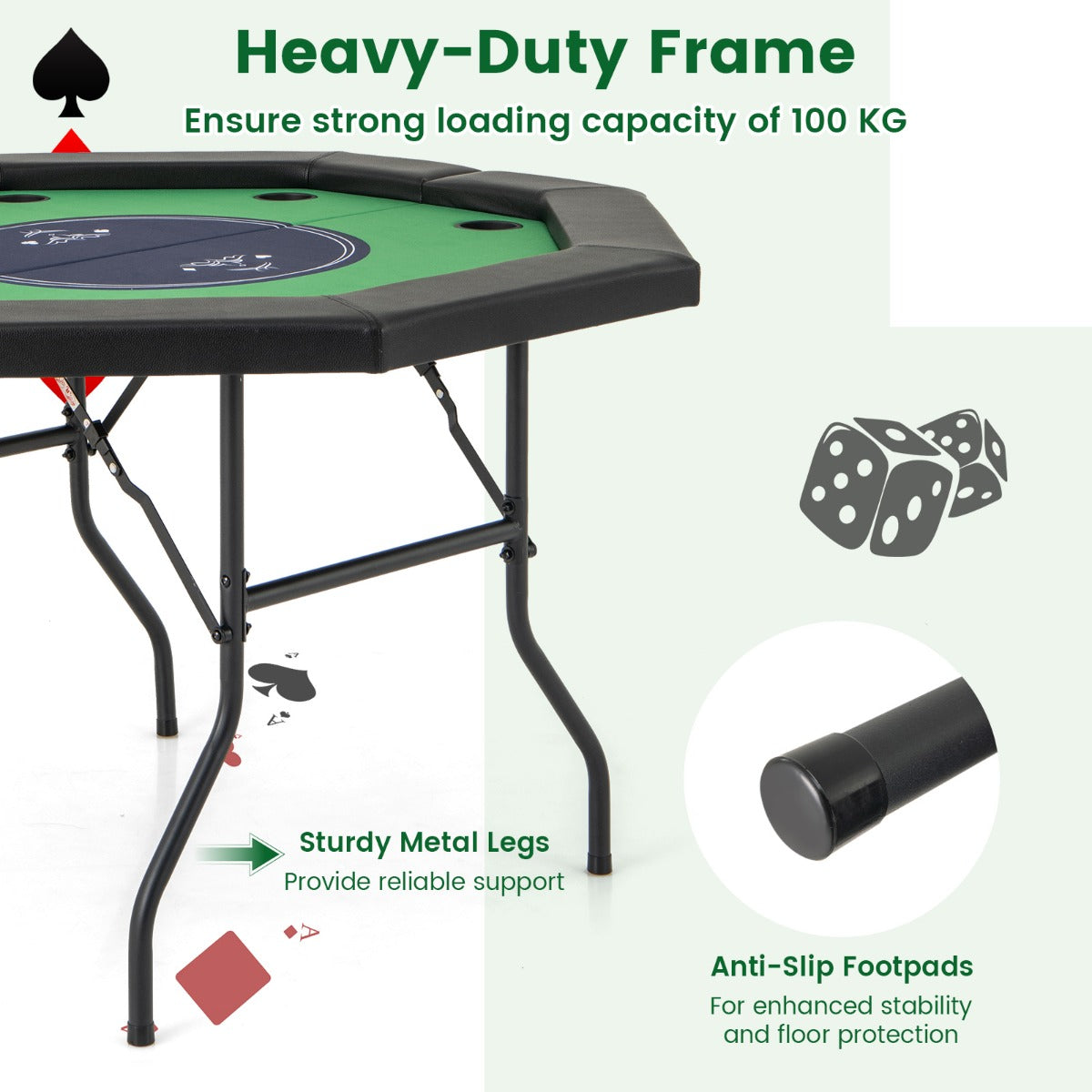 122cm Foldable Poker Table for 8 Players with Padded Rails-Green