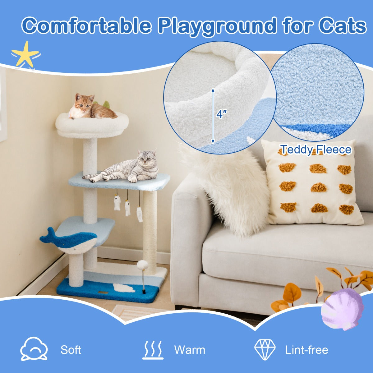 Costway 3-level Ocean-themed Cat Tree with Sisal Covered Scratching Posts