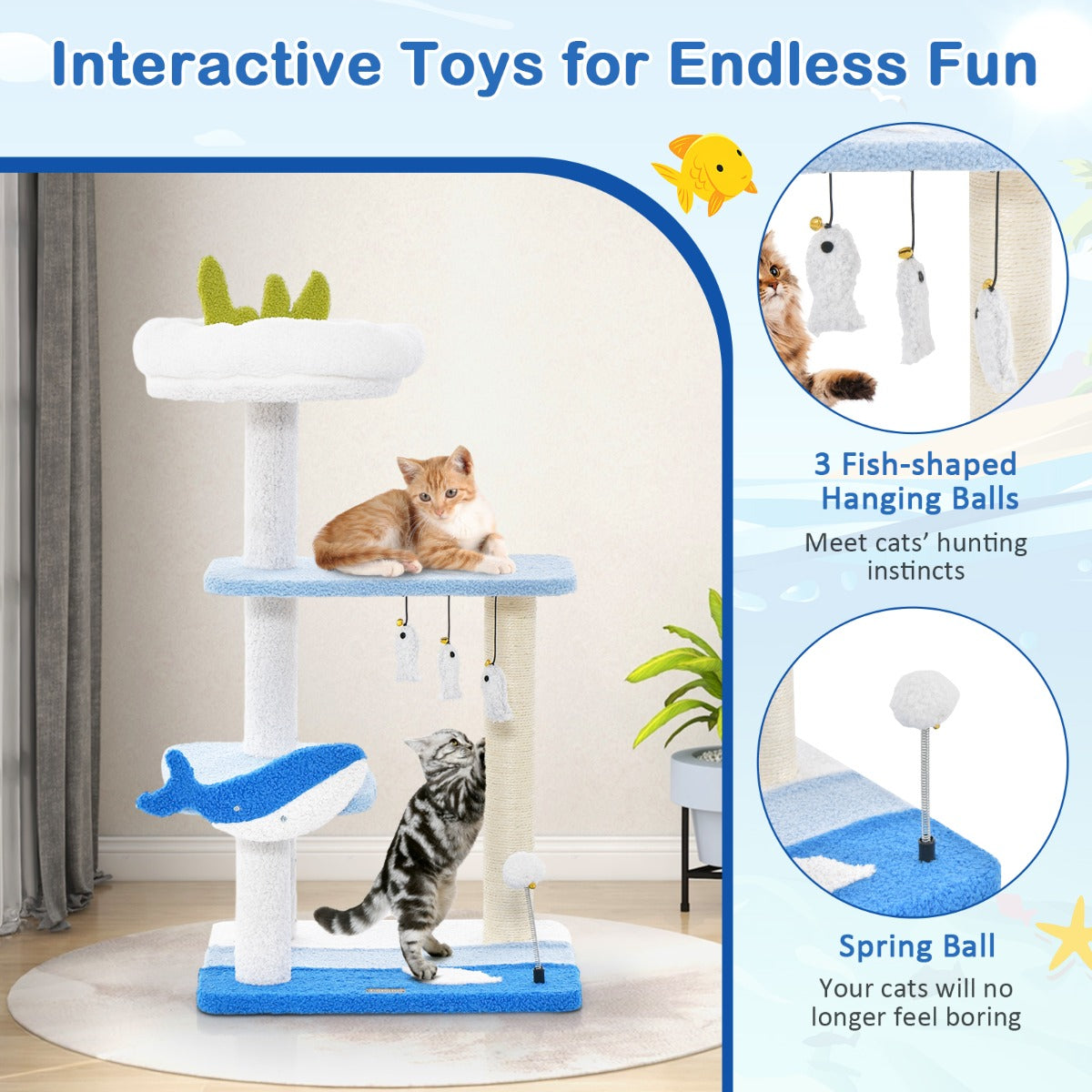 Costway 3-level Ocean-themed Cat Tree with Sisal Covered Scratching Posts