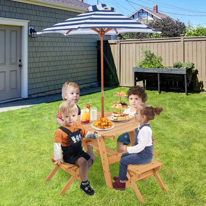 Costway Kids Picnic Table with 4 Chairs and Adjustable Umbrella for Patio Garden Backyard-Natural