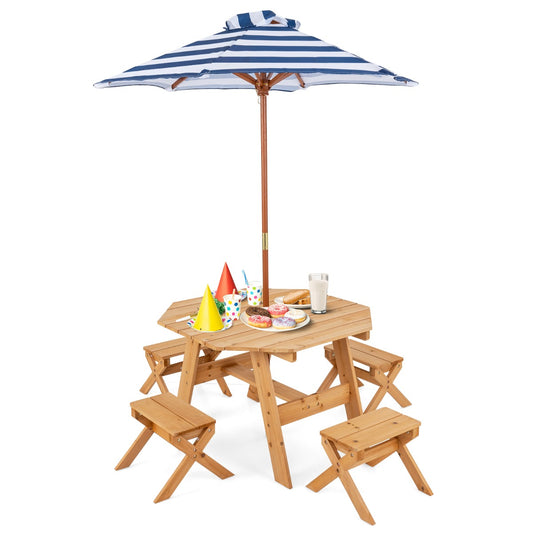 Costway Kids Picnic Table with 4 Chairs and Adjustable Umbrella for Patio Garden Backyard-Natural