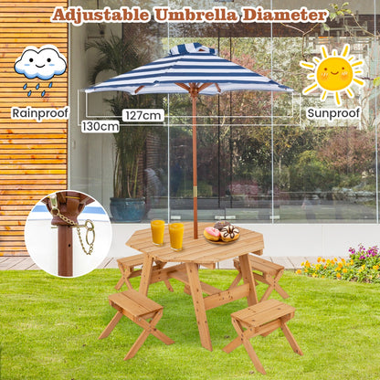 Costway Kids Picnic Table with 4 Chairs and Adjustable Umbrella for Patio Garden Backyard-Natural