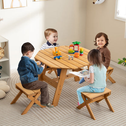 Costway Kids Picnic Table with 4 Chairs and Adjustable Umbrella for Patio Garden Backyard-Natural