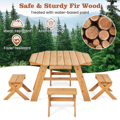 Costway Kids Picnic Table with 4 Chairs and Adjustable Umbrella for Patio Garden Backyard-Natural