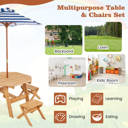 Costway Kids Picnic Table with 4 Chairs and Adjustable Umbrella for Patio Garden Backyard-Natural