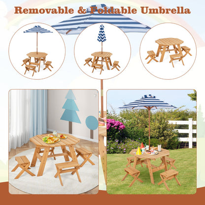 Costway Kids Picnic Table with 4 Chairs and Adjustable Umbrella for Patio Garden Backyard-Natural