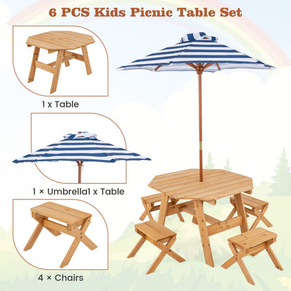 Costway Kids Picnic Table with 4 Chairs and Adjustable Umbrella for Patio Garden Backyard-Natural