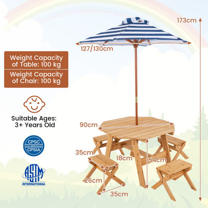 Costway Kids Picnic Table with 4 Chairs and Adjustable Umbrella for Patio Garden Backyard-Natural