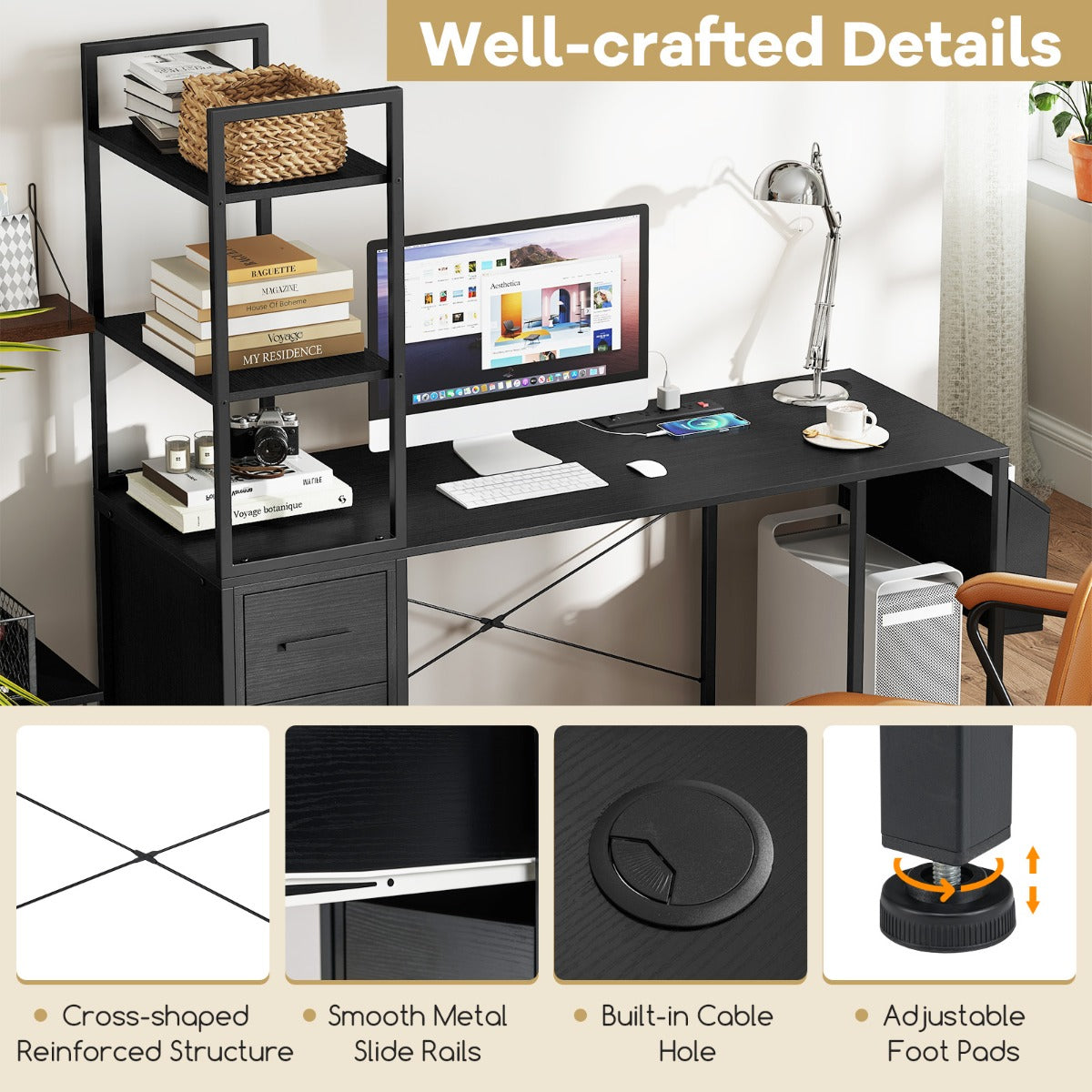 Office Desk with LED Lights and Power Outlets for Home Office-Black