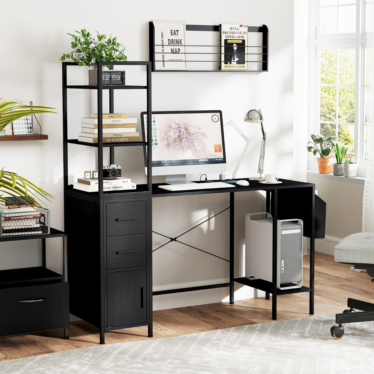 Office Desk with LED Lights and Power Outlets for Home Office-Black