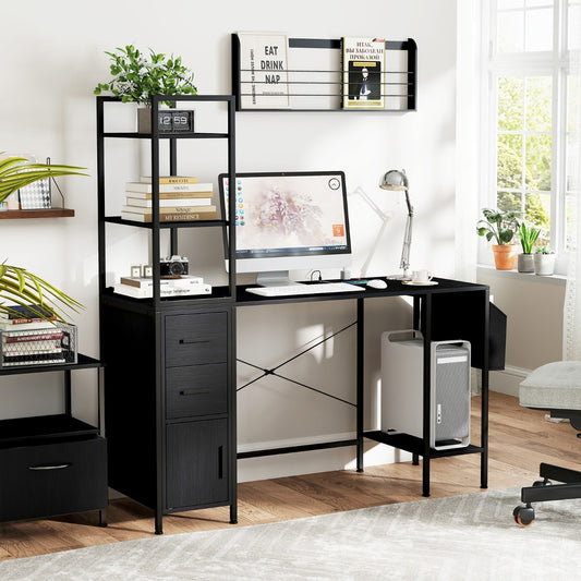 Office Desk with LED Lights and Power Outlets for Home Office-Black