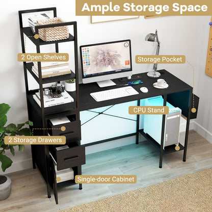 Office Desk with LED Lights and Power Outlets for Home Office-Black