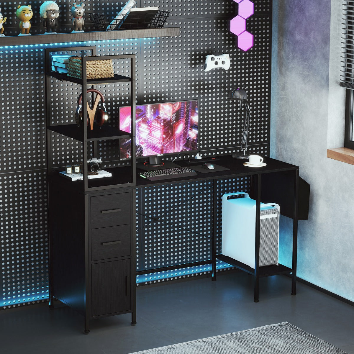 Office Desk with LED Lights and Power Outlets for Home Office-Black