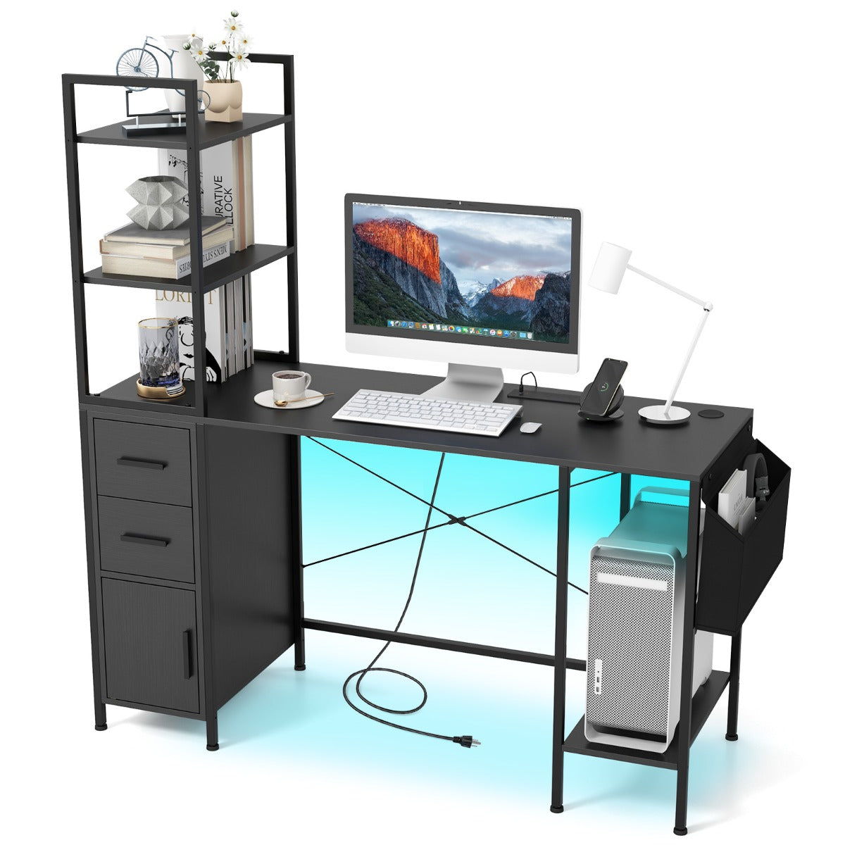Office Desk with LED Lights and Power Outlets for Home Office-Black
