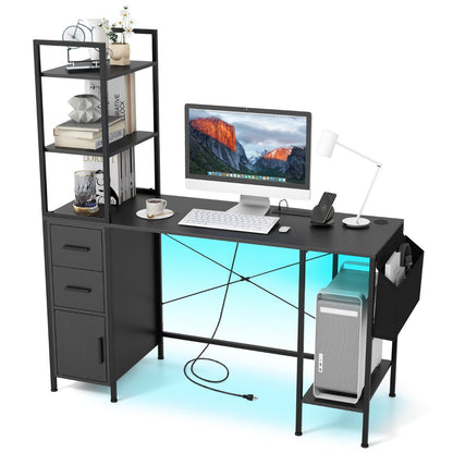 Office Desk with LED Lights and Power Outlets for Home Office-Black